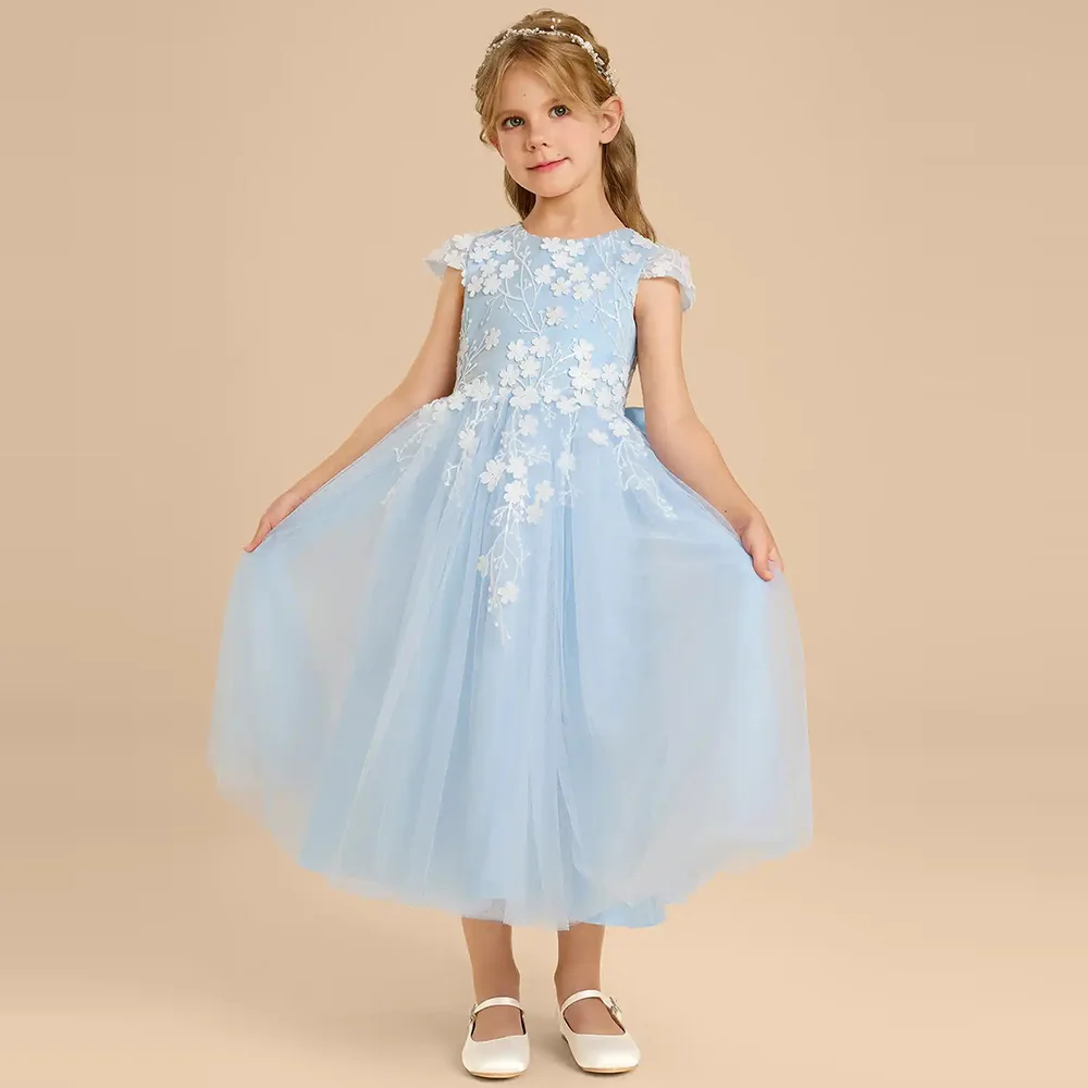 Customized Blue Tulle Flower Girl Dresses for Wedding Lace Applique A-Line First Communion Dress With Bow Birthday Party Gowns