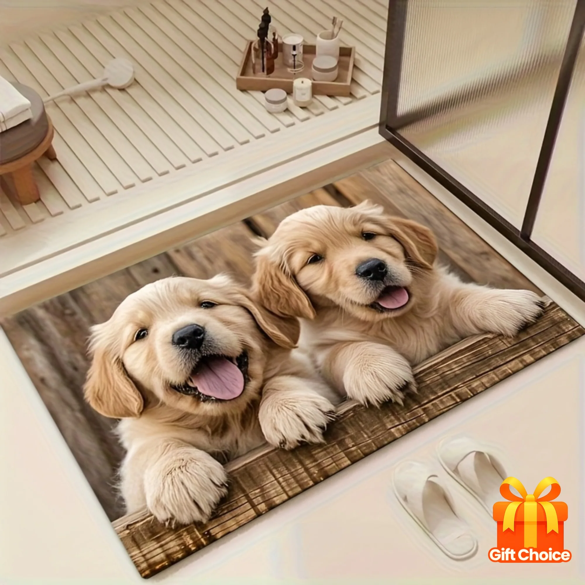 Tapis de bain en flanelle imprimé 3D Golden Retriever Puppy, adorable tapis absorbant antidérapant avec photo de chien pour salle de bain et chambre à coucher