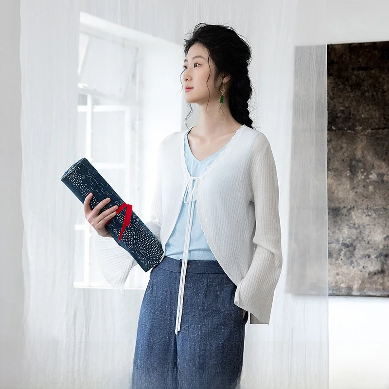 

Ele Ruffle Trim Knitted Jaet Women's New Summer 2025 Vintage Versatile Faionable Long Sve V-Ne ort Coat