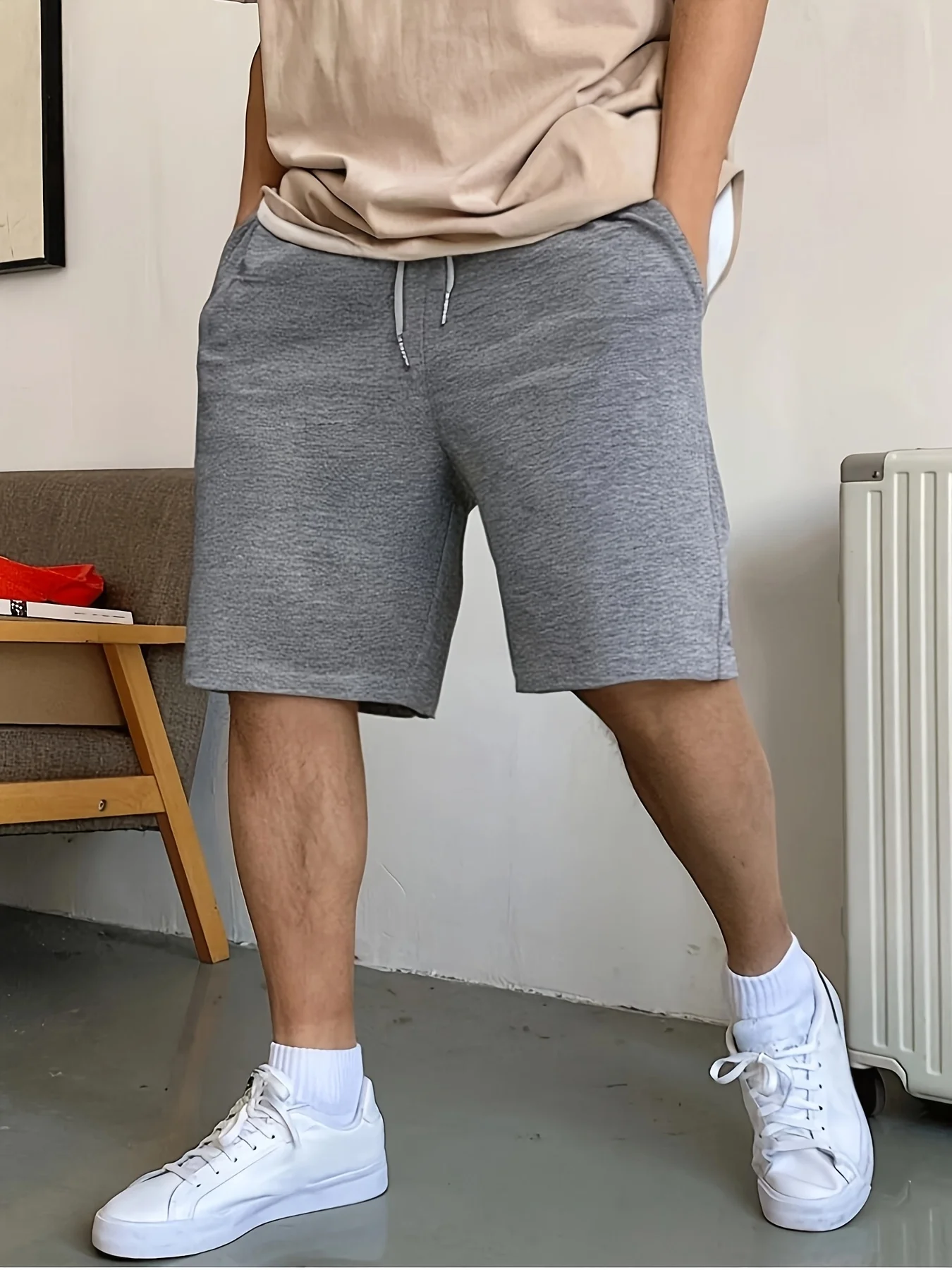شورت كاجوال للرياضات الخارجية للرجال، مقاس فضفاض مريح، لون خالص، شورت رياضي من القطن الخالص