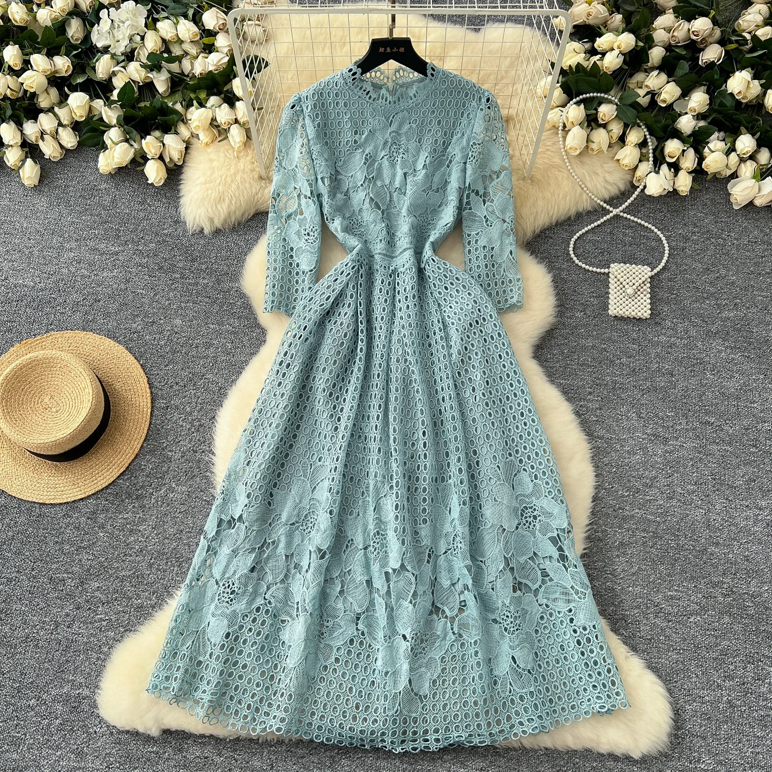 Elegant Hook Flower Hollow Out Sexy O-neck Basics Half Sleeve Slim Dress Korean Fashion Women High Street Evening Party Clothing