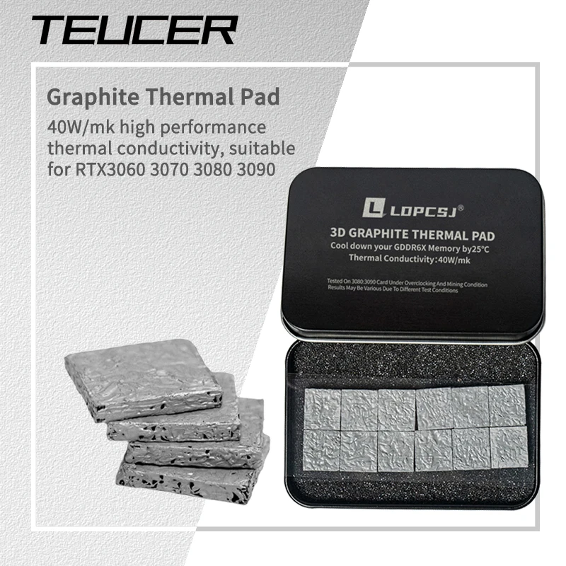 

TEUCER 12PCS 3D Graphite Thermal Pad 14x12mm 40W/mK GDDR6X VRAM Custom Heat Conduction Mat for GPU 3070Ti 3080 3080ti 3090