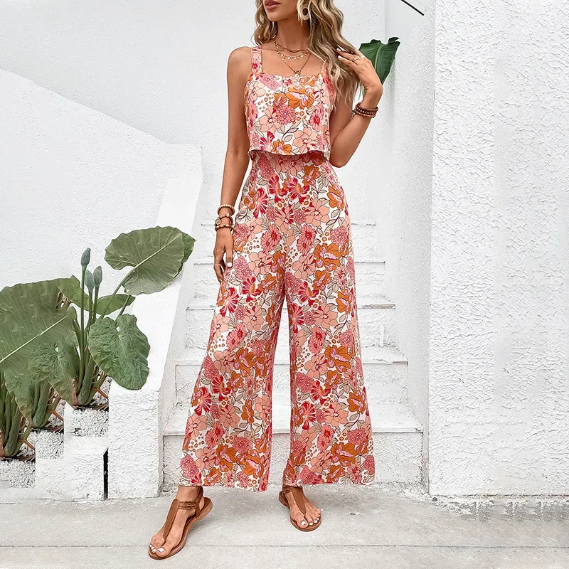 New Summer Beach Women\'s Printed Square Collar Camisole Trousers Holiday Women\'s Jumpsuit  Outfit Women