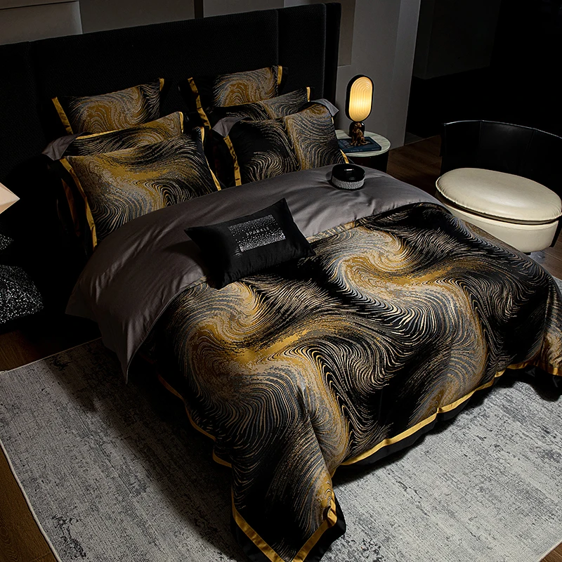 4Pcs Luxury Black Gold Brocade Jacquard Egyptian Cotton Patchwork Bedding Set Duvet Cover Flat/Fitted Bed Sheet Pillowcases