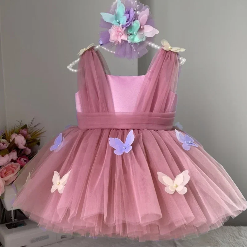 Vestidos de niña de flores personalizados, tul morado, mariposa colorida con lazo para boda, fiesta, cumpleaños, vestidos de comunión