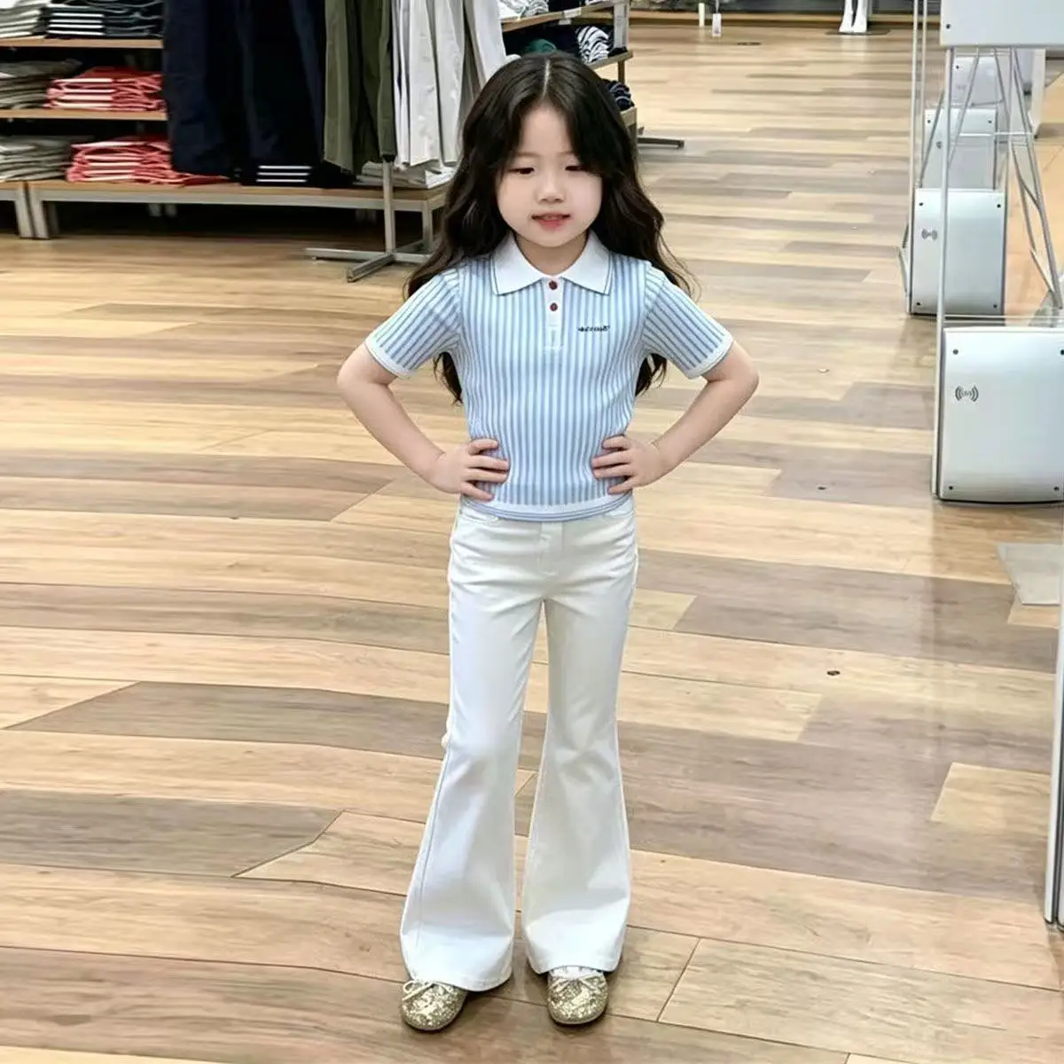 

Girls' Set 2026 Summer New Children's Blue Striped Polo Collar Knitted Shirt+White High Waist flared Pants 2-piece Set 2-7Y