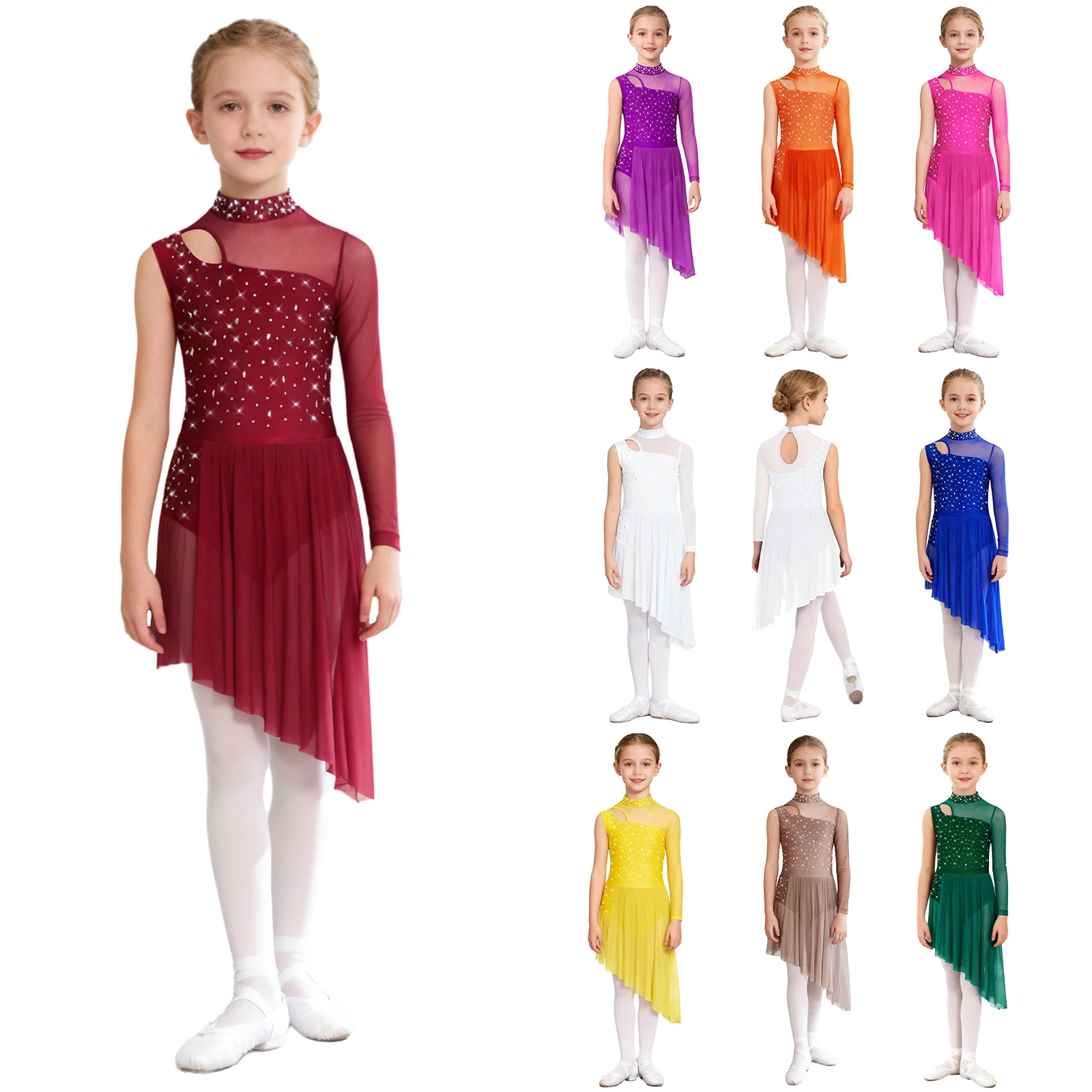 Kids Girls Modern Lyrical Dance Costume Shiny Rhinestones Sheer Mesh Leotard Dress Figure Skating Gymnastics Acrobatics Clothes
