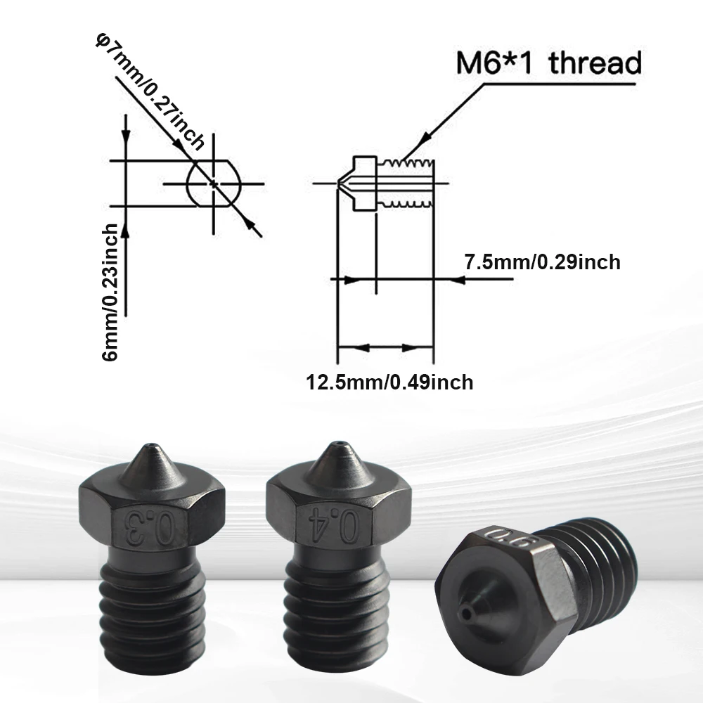 V6 Nozzle dilapisi Tungsten karbida baja keras 0.3/0.4/0.6mm hardnesss tinggi 1.75mm filamen untuk E3D V6 Hotend 3D bagian Printer