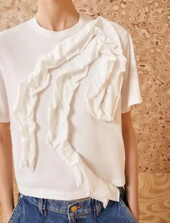 Summer 2026 Women White T-Shirt Ruffles Spliced Round Neck Short Sleeve Loose Fashion Tee Tops