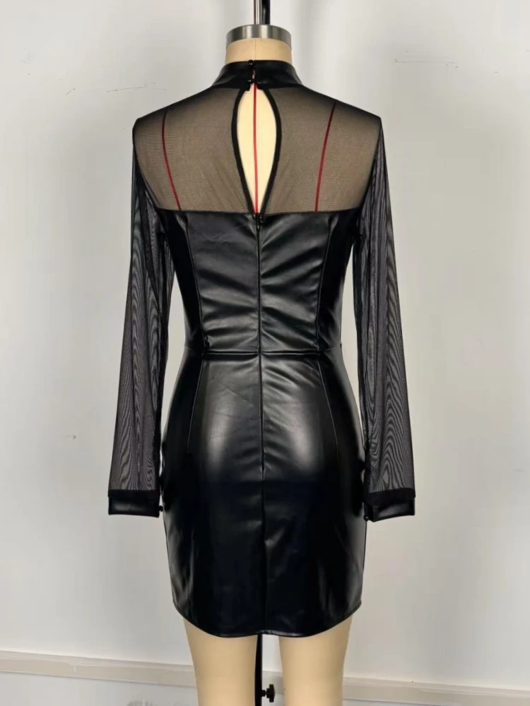Kleider für Damen, elegant, langärmelig, sexy, durchsichtig, Netz-Patch, PU-Leder, figurbetont, dünn, schlank, Mini-Party-Abendkleid, Ausgehen