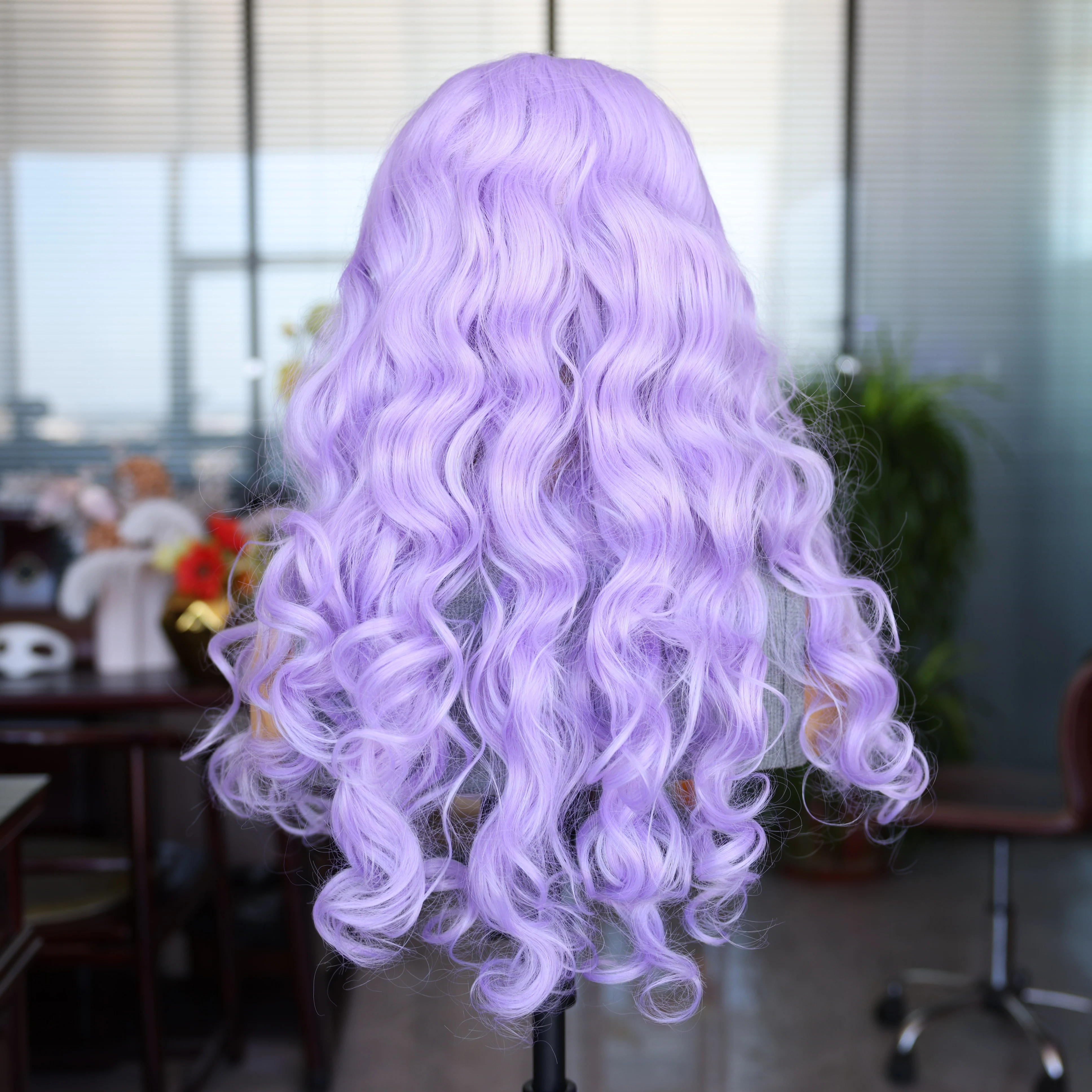 Lavender Synthetic Wig Cosplay Party Travel Long Wave Wig Natural Hair Line Front Lace Mesh Cap Comfortable and Breathable