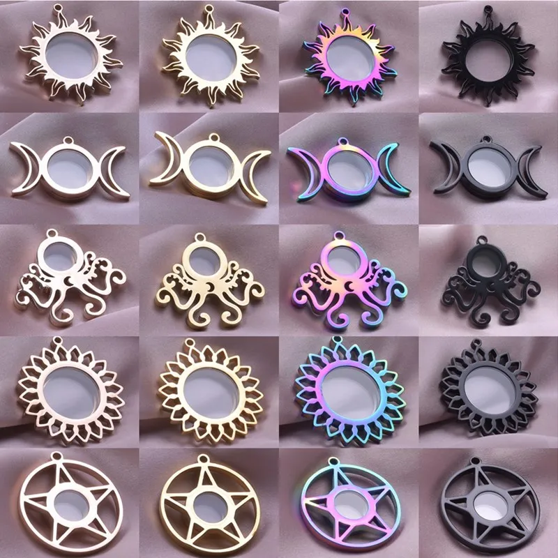 Glass Sunflower Pentagram Locket Pendants For Jewelry Making Bulk Stainless Steel Locket Octopus Moon Jewellry Material Floating