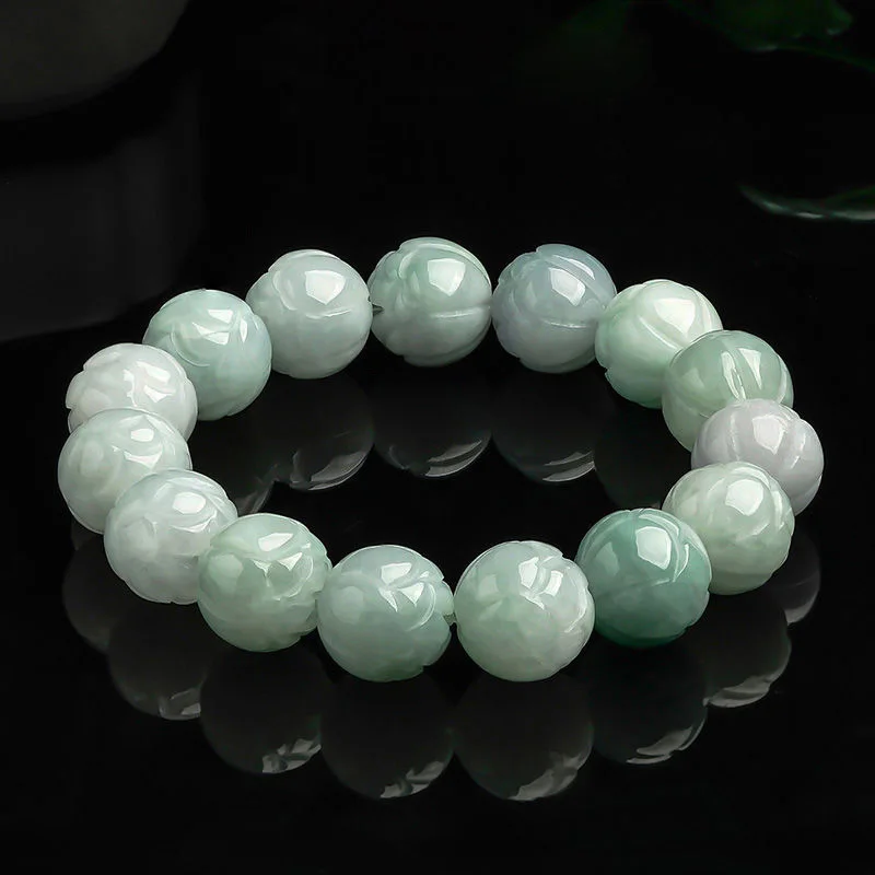 Natural Myanmar Jadeite Lotus Bracelet 13.5mm Bead Jade Strings Men's Hand Strand Jewelry Women's Gifts