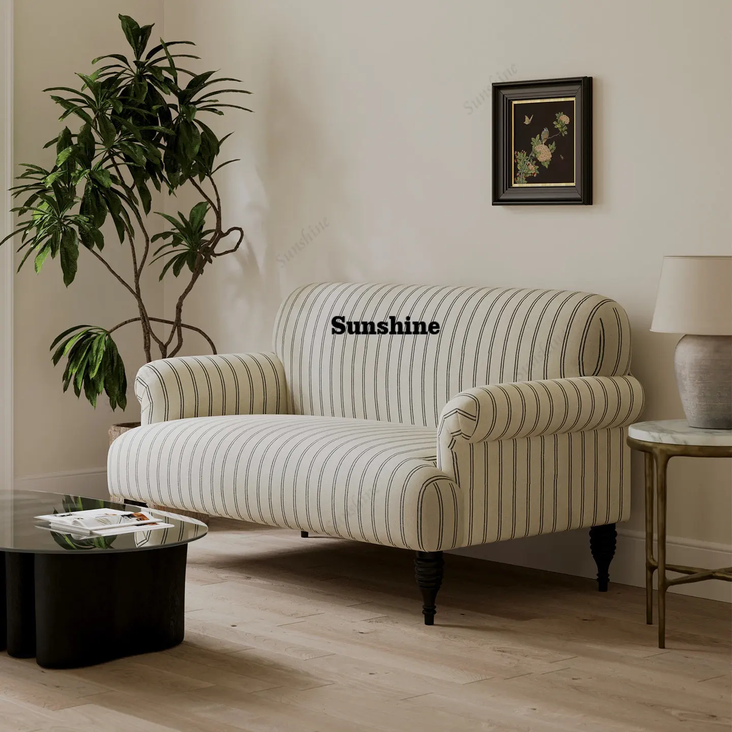 

French retro sofa living room striped cream style fabric sofa