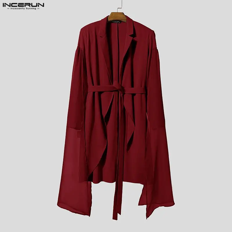 INCERUN Men Irregular Blazer Mesh Patchwork Lapel Long Sleeve Male Suit With Belt Streetwear Fashion Casual Long Style Thin Coat