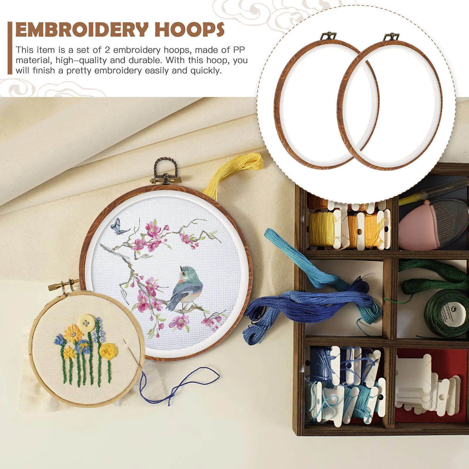 

2Pcs Cross Stitch Hoops High Quality Plastic with Natural Wood Appearance for Embroidery Quilting DIY Home Wedding Decor