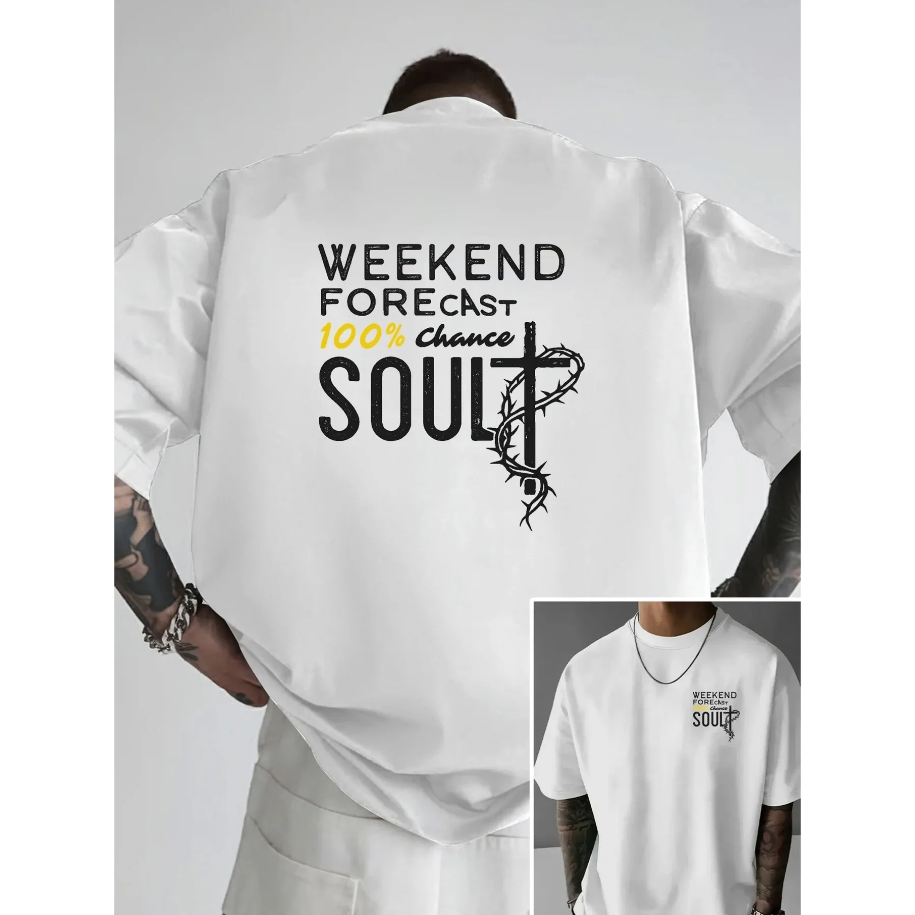 Weekend Forecast Soul Cross Graphic Men's Drop Shoulder T-Shirt Loose Fit Cotton Crewneck Tee
