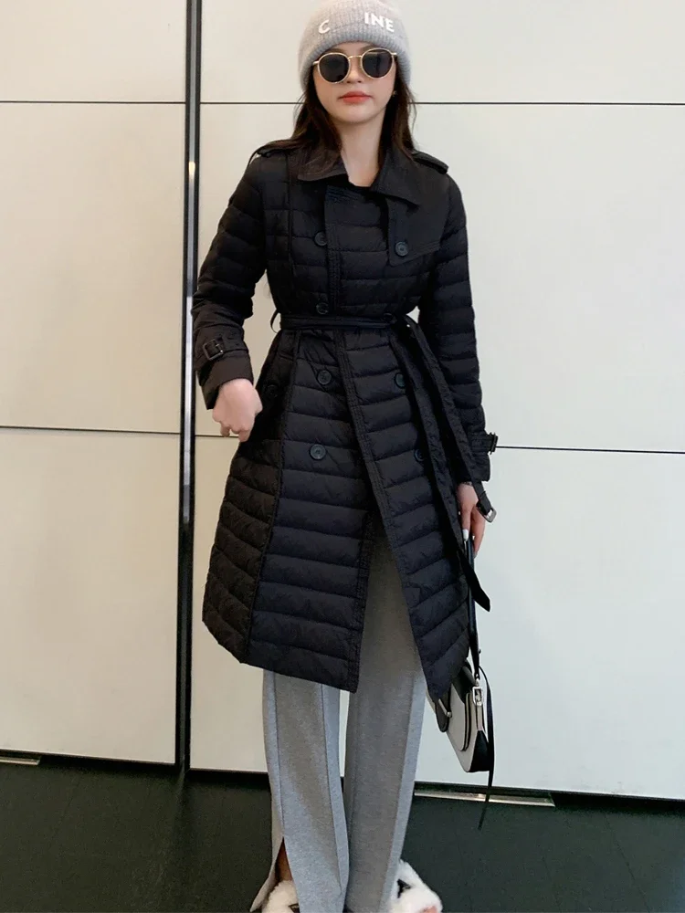 2024 Winter Fashion Down Coat Średniej długości Dwurzędowe Klapy Sznurowana Talia Rozcięcie z tyłu Trencz Puchowa Kurtka Szykowna Slim Casual