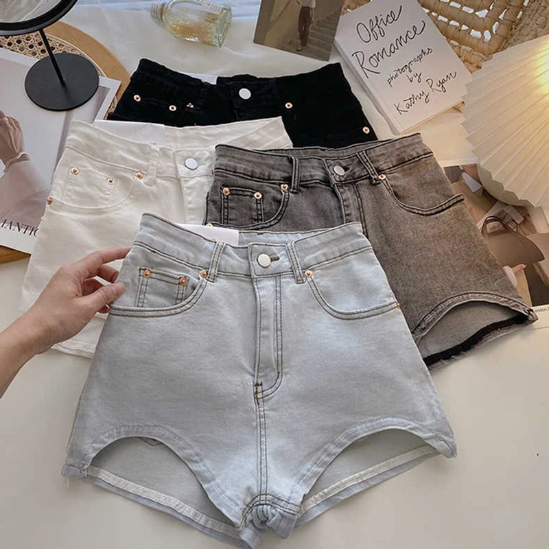Y2K Summer Korean Style Retro Jeans Slim Irregular Women Denim Shorts High Waist Streetwear Holiday Casual Short