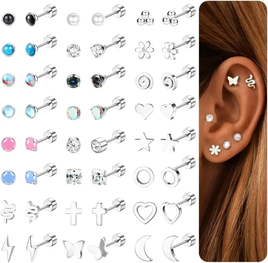 

24 Pairs Medical Ear Studs Women Men Surgical Steel Earrings Silver Black Helix Tragus