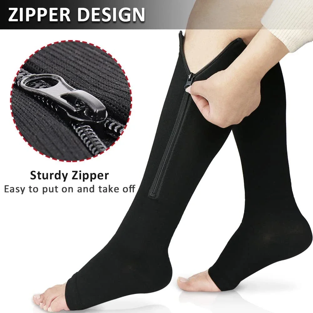 Zipper Compression Socks Women & Men - 1Pair Calf Knee High 15-20mmHg Open Toe Compression Stocking suit for Walking