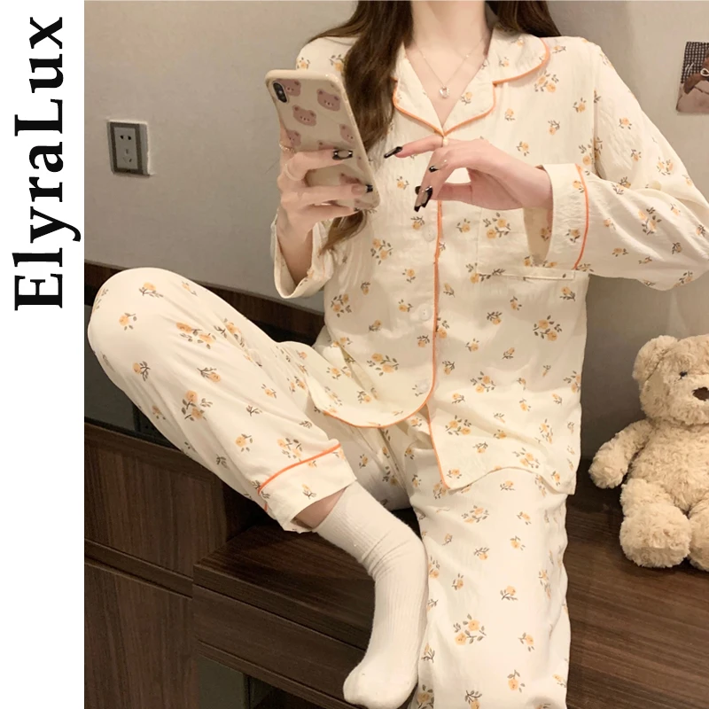 

ElyraLux Women's Cloud Cotton Long Sleeve Pants Sleepwear Spring and Autumn Pajamas Homewear Ladies Loungewear Comfortable Wear