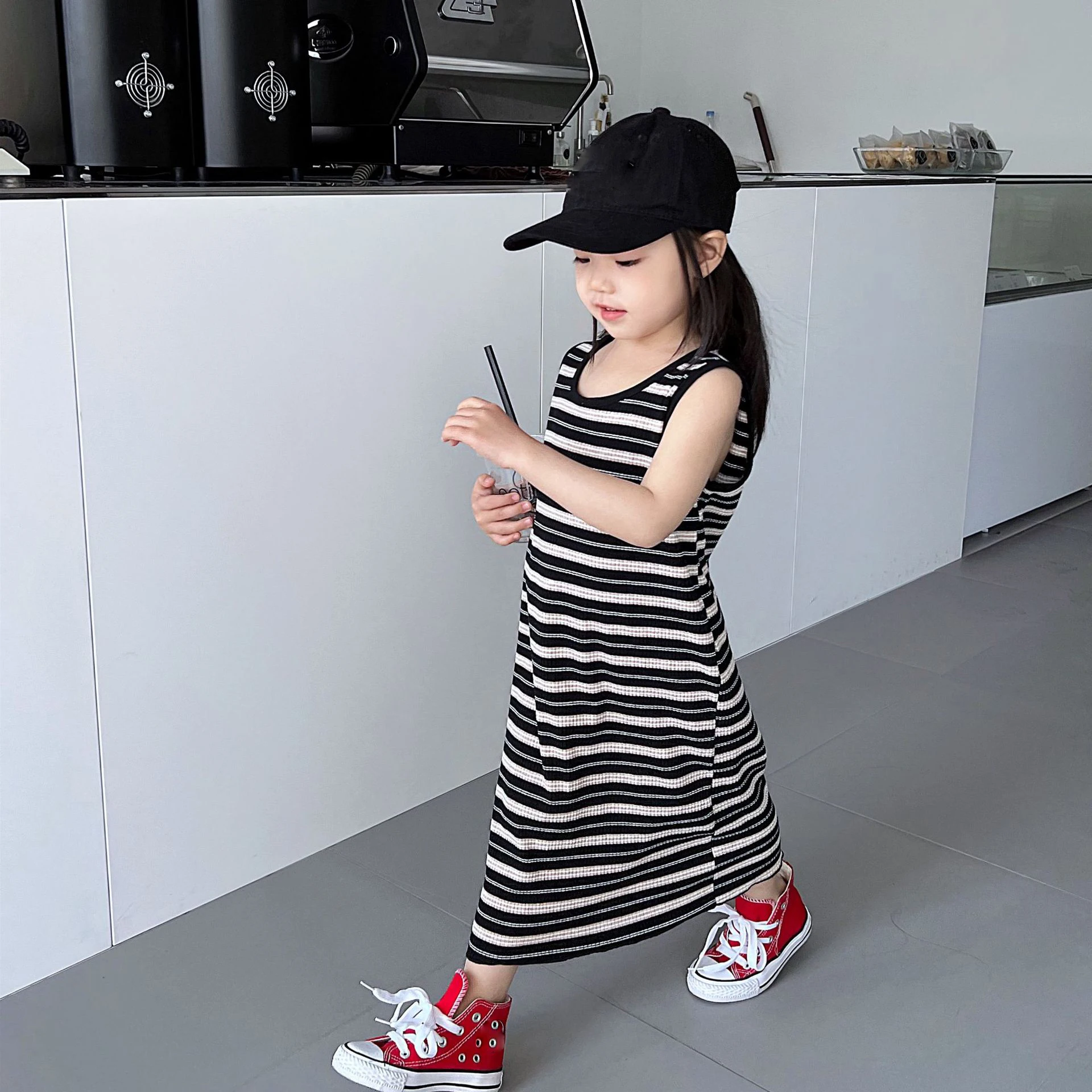 Girls Summer Dress Baby Kids Clothes Black And White Striped Knitted Vest Dress Children\'S Bottoming Dress Long Dress Long T-Shi