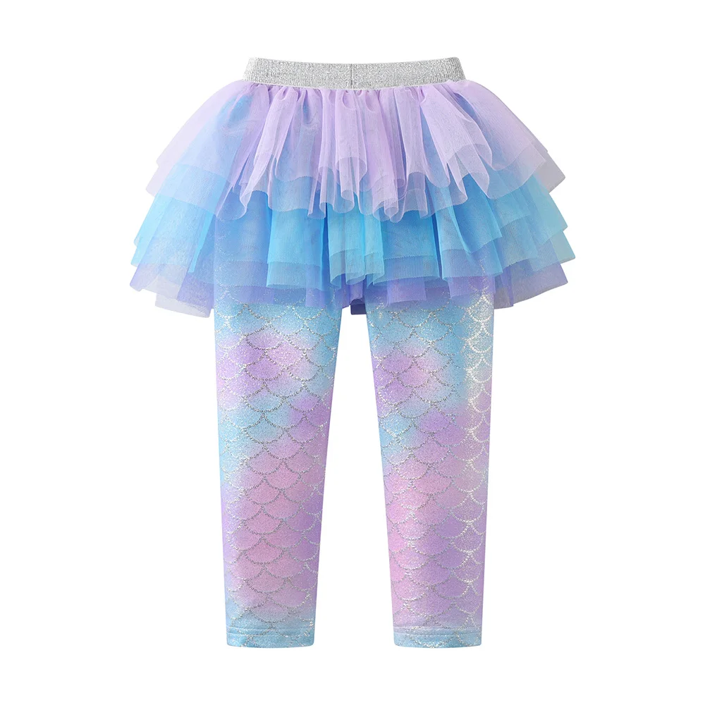Mädchen-Leggings mit Meerjungfrauen-Print und mehrlagigem Mesh-Tutu-Rock für Tanz, Kinder-Ombre-Schuppen-Glitzer-Polyester-Hosen mit Farbverlauf – Detail 6