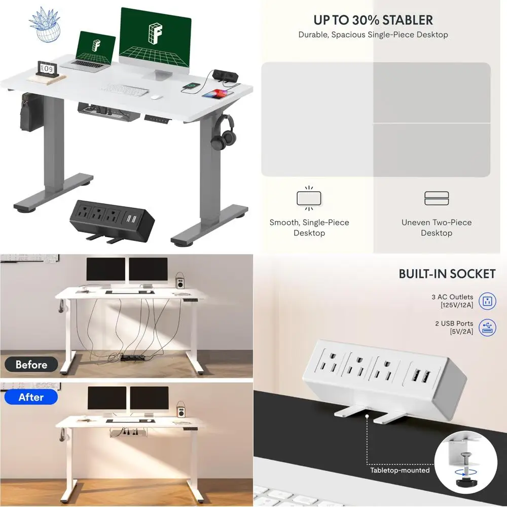 Electric Height Adjustable Standing Desk, 48 x 24, Clamp Power Strip, Cable Management for Ergonomic Workspace