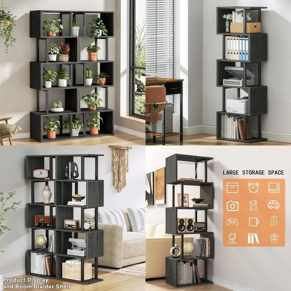 

6-Tier Tall Geometric Bookcase, S-Shaped Industrial Display Stand, Metal and Wood Storage Room Divider, Suitable for Bedroom, Li