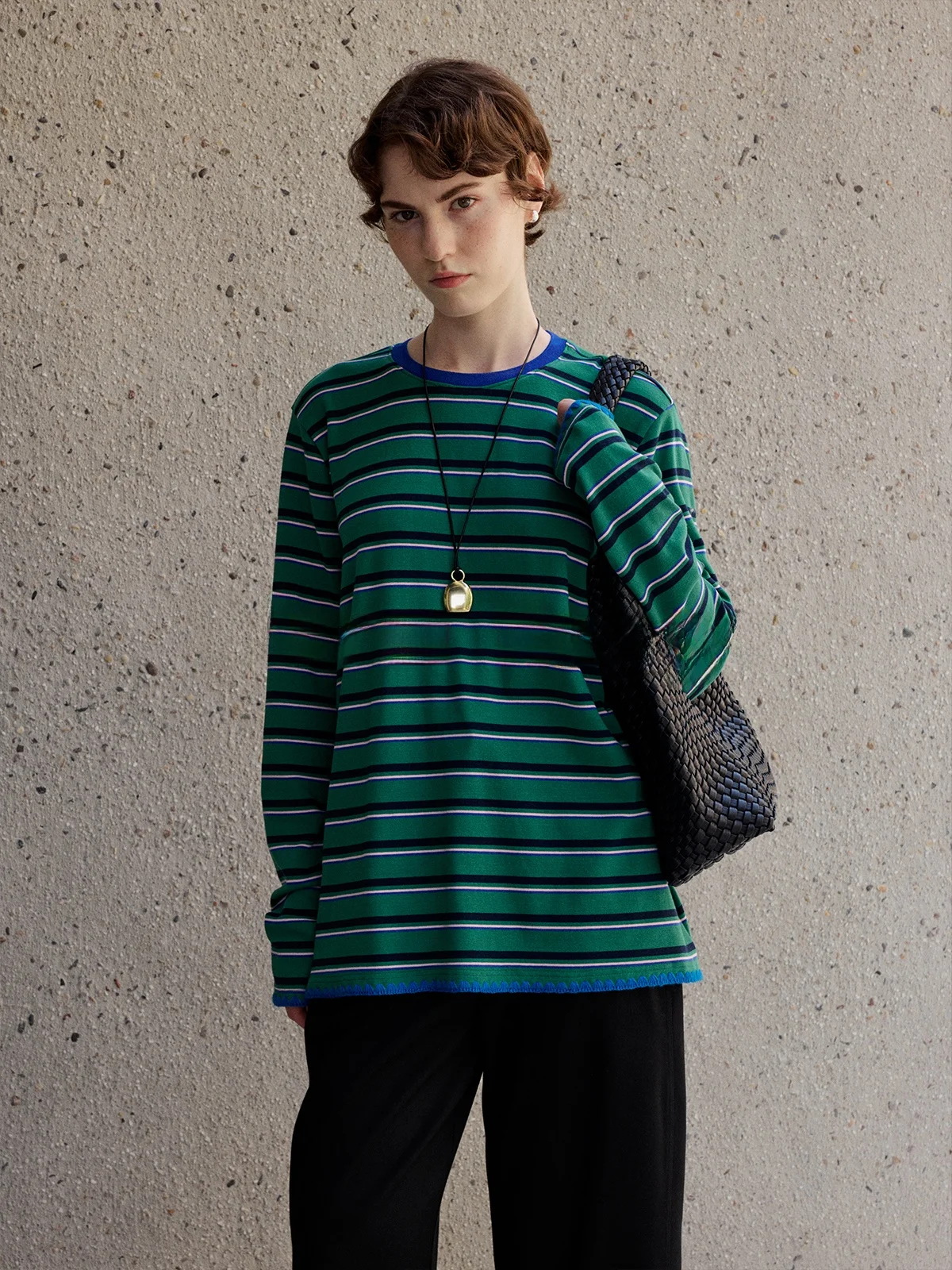 

Loose Fit Long Sve T-irt Cotton Elastic Waisand Striped Patchwork Miu Sle Base irt Casual Wear for Ladies