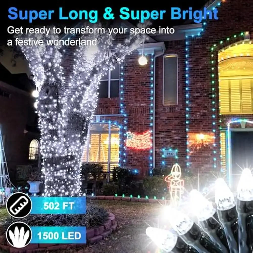 Super Long String Lights 502ft 1500 LED Outdoor Christmas Lights Timer Memory 8 Modes Waterproof Fairy Lights