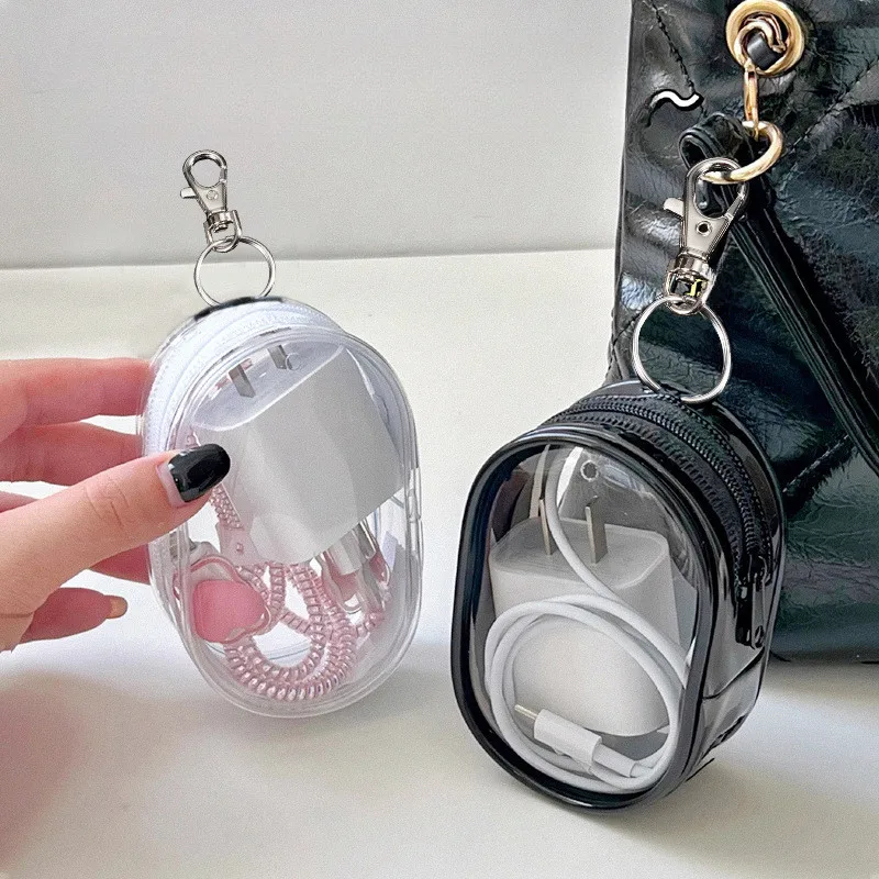 Transparent Coin Purse Keychain Pendant Square Pouch Organizer Key Lipstick Earphone Storage Bag Hanging Cable Management Bag