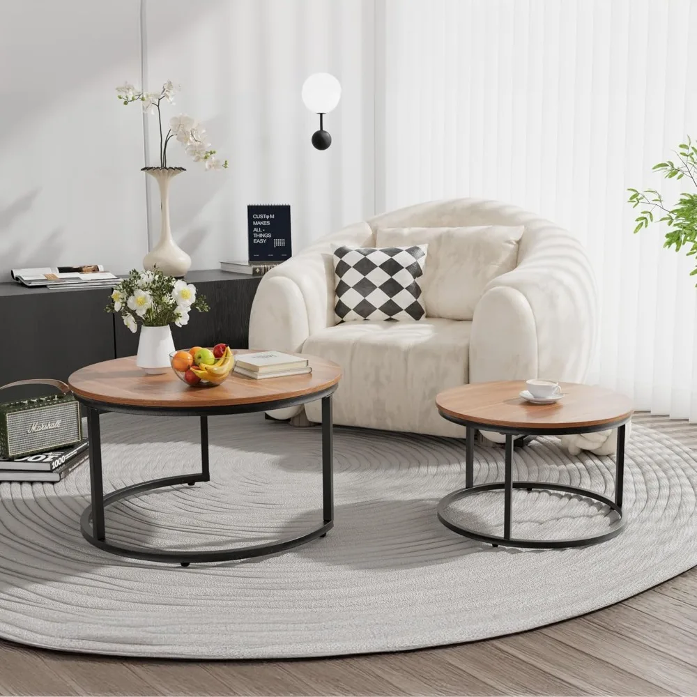 مجموعة طاولات متداخلة مكونة من 2، طاولة قهوة مستديرة 31.5، طاولة قهوة صغيرة متداخلة مع رسوم قابلة للتعديل غير قابلة للانزلاق، سطح من الخشب المحبب