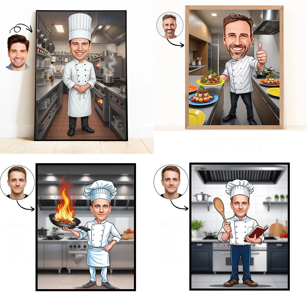 

Custom Chef Caricature Poster Funny Kitchen Portrait Art Print Head Chef Cartoon Portrait Canvas Painting Funny Kitchen Decor