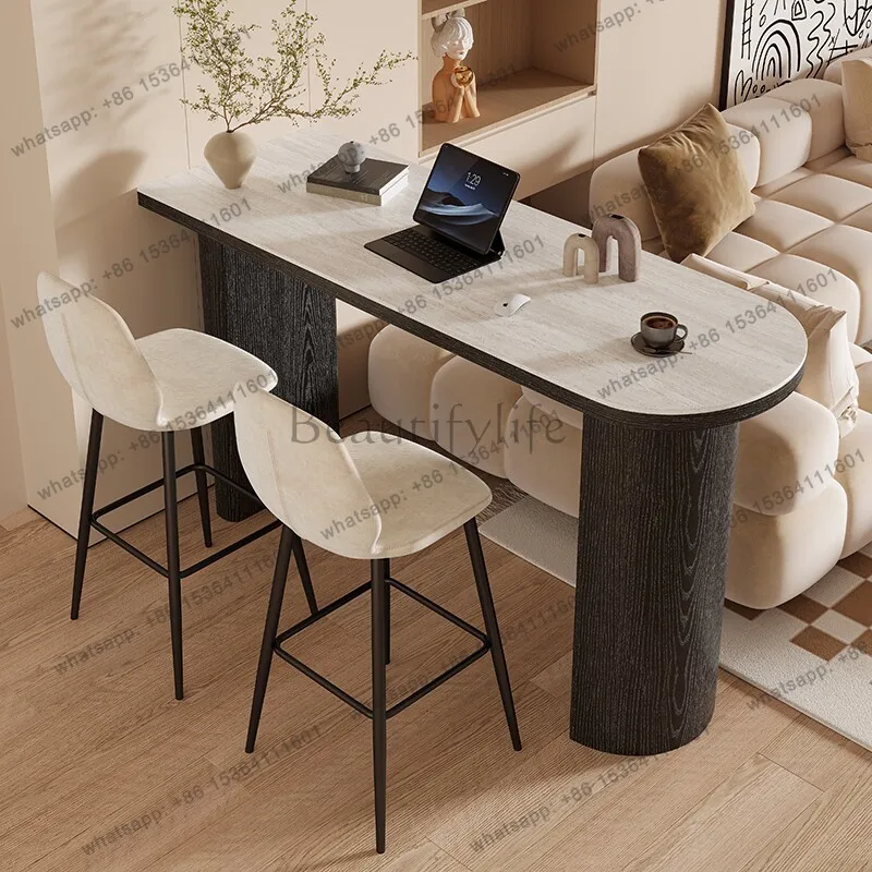 

LS French light luxury rock slab living room partition against the wall retro style smoked wood leisure high bar table