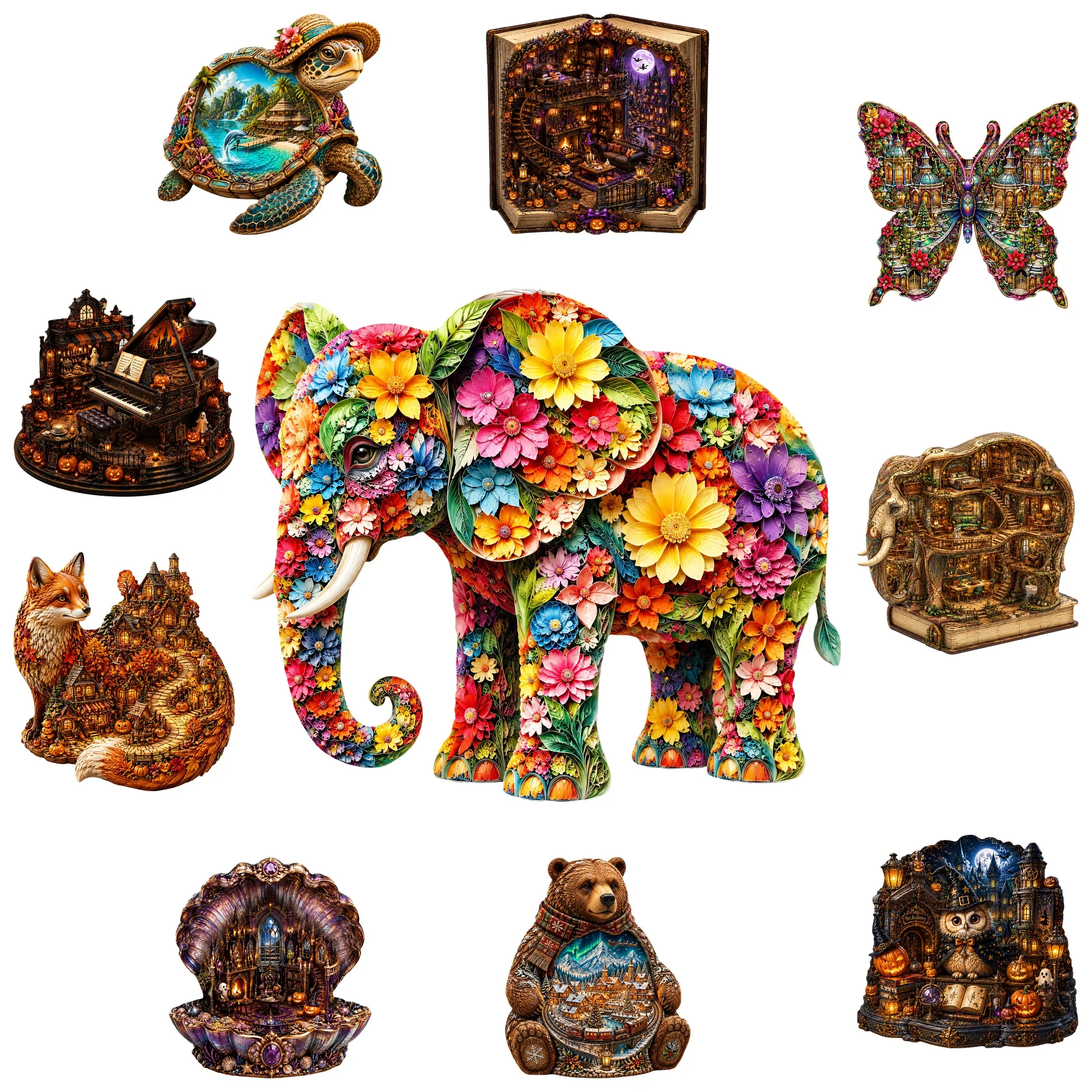 Elephant Flat Wooden Puzzle Brain Teaser Animal Jigsaw Puzzle Tabletop Puzzle Game Present for ChristmasGift for Kids Teens