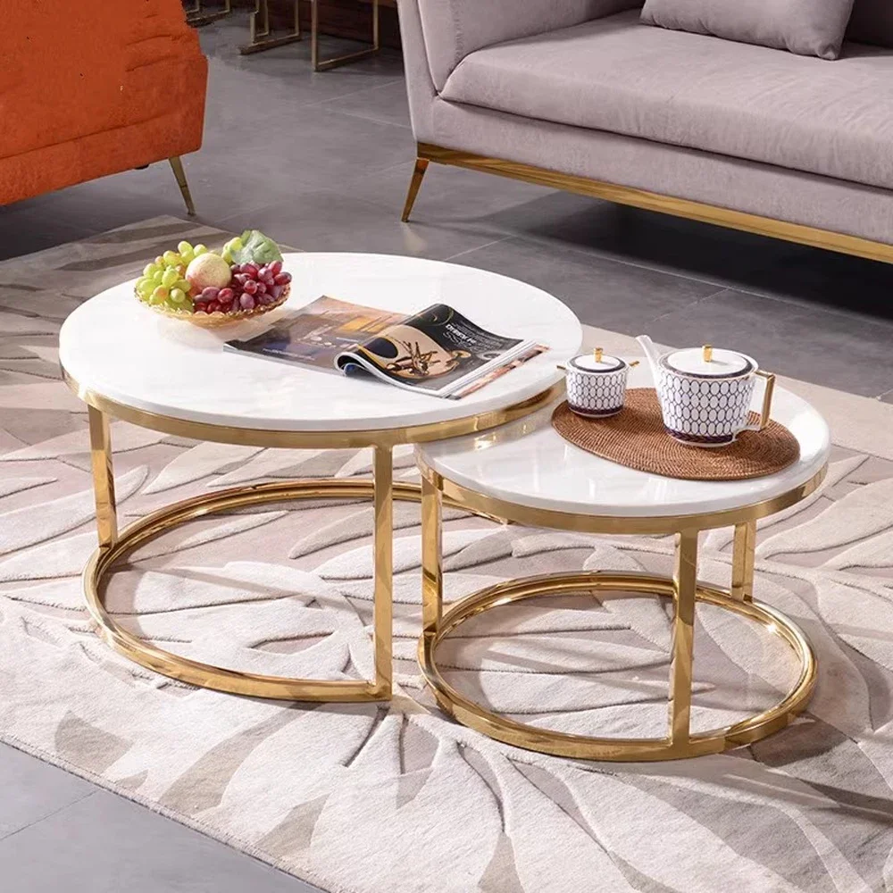 Wholesale morden coffee table 2 pieces set gold stainless steel round marble top coffee table