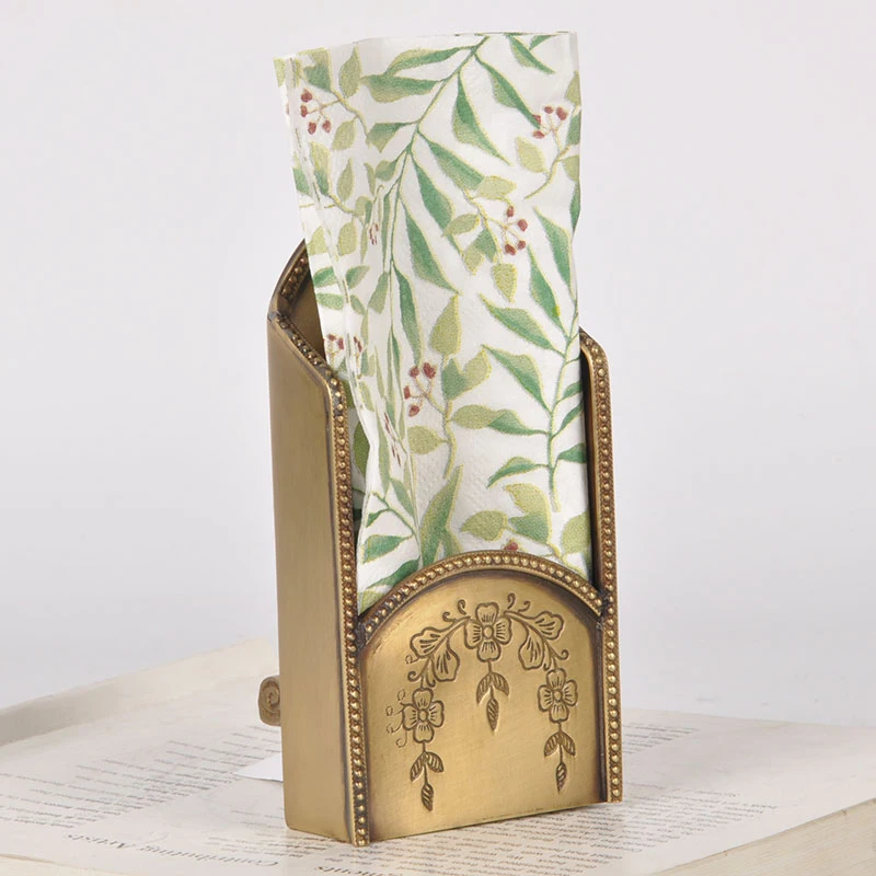 Brass Standing Napkin Holder With Debossed Flowers Branch Texture Handmade Tissue Storage Box For Dining Table Vertical Display