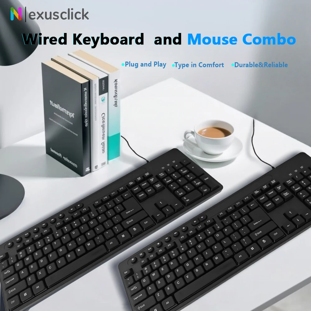 113Keys English Keyboard Mouse USB Wired Desktop Computer Keyboard Ergonomic Design Keyboard for Office Home PC Laptop Desktop