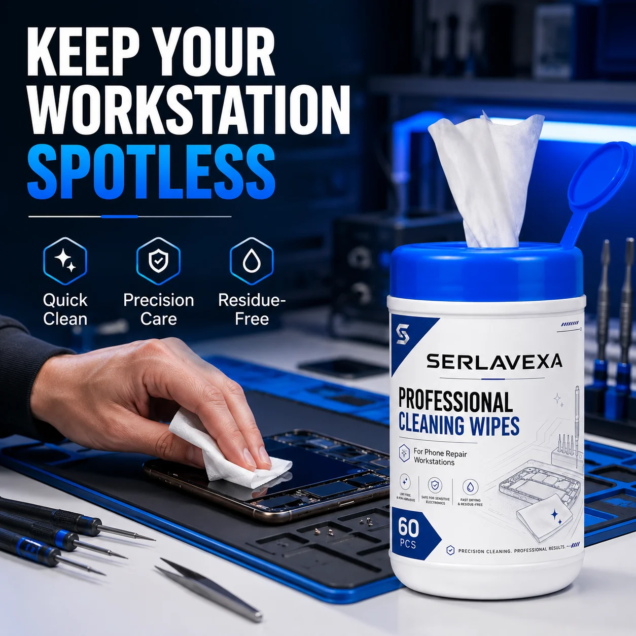 Electronics Repair Workbench - 60 Count Electronics Cleaning Wipes for