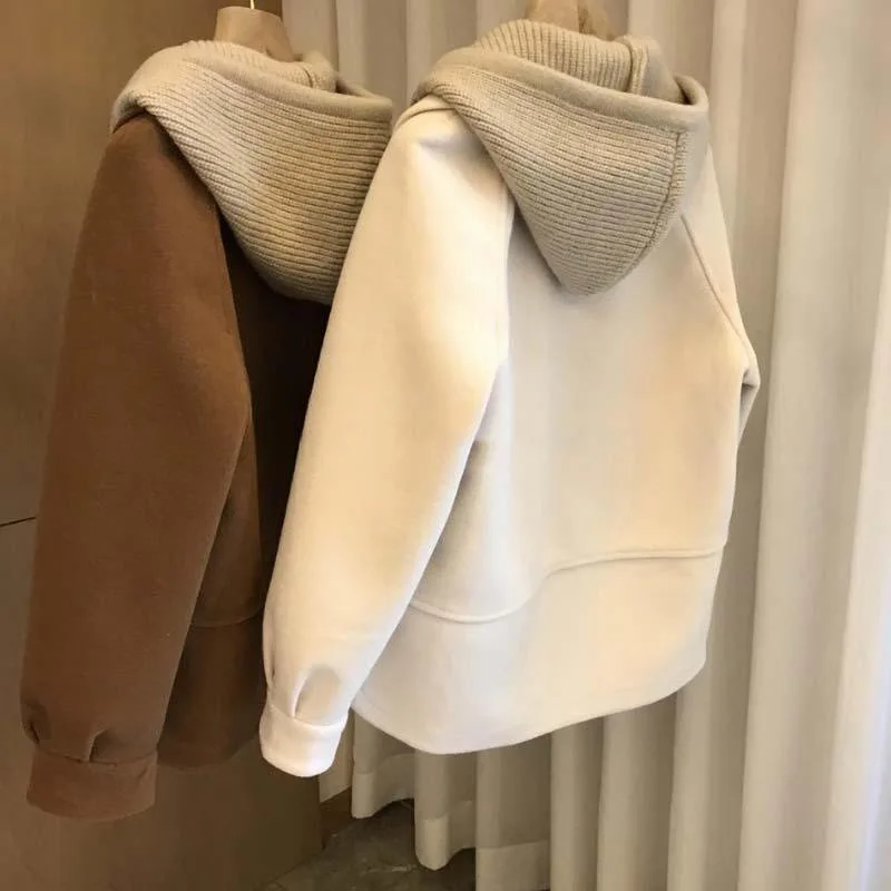 

Women's Autumn and Winter Fleece Knitted Hooded Fake Two-piece Thickened Coat