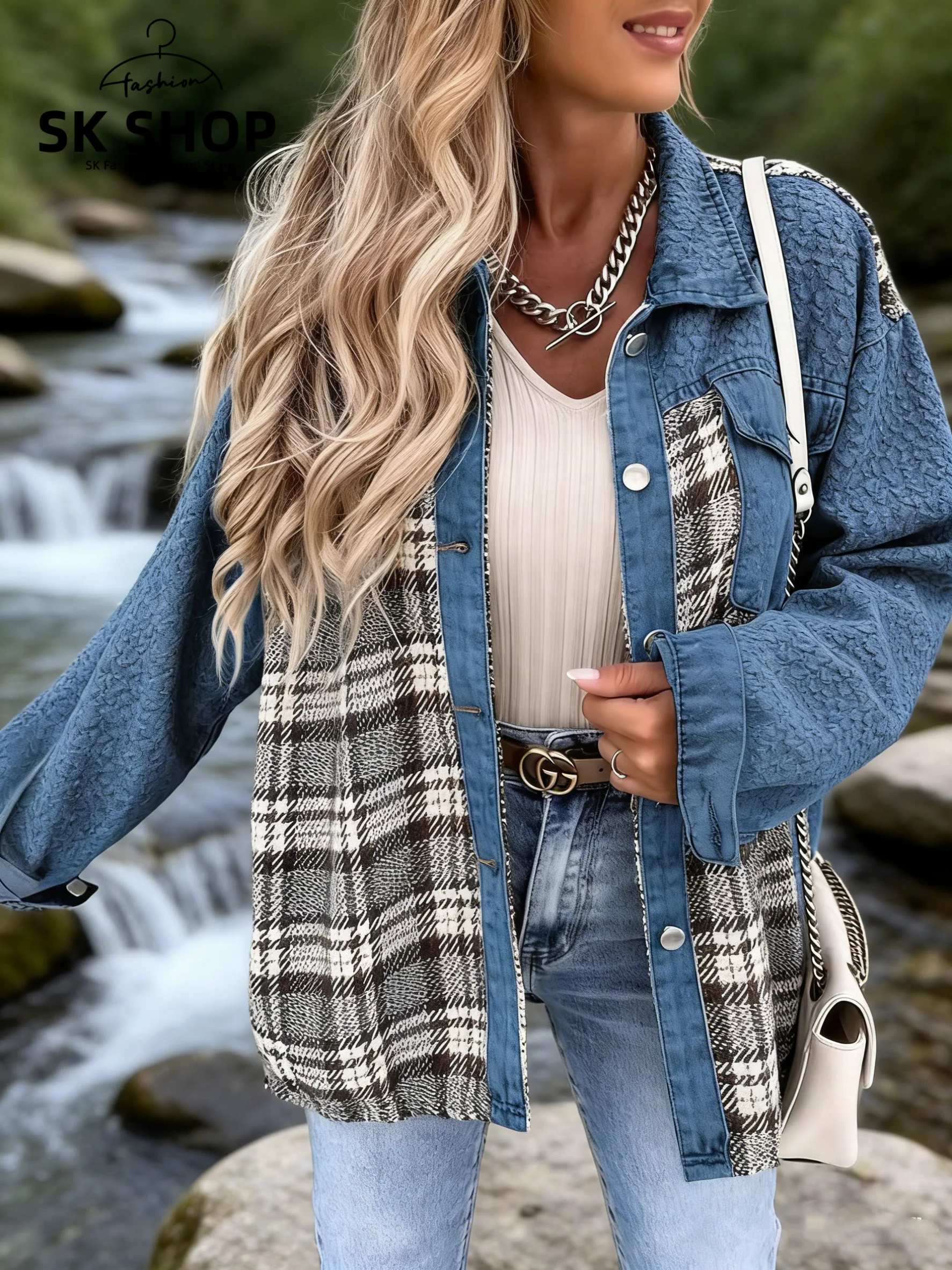 

Женская джинсовая куртка в клетку с длинными рукавами на пуговицах, приталенная, в городском стиле, ветрозащитная, больших размеров, для повседневной носки