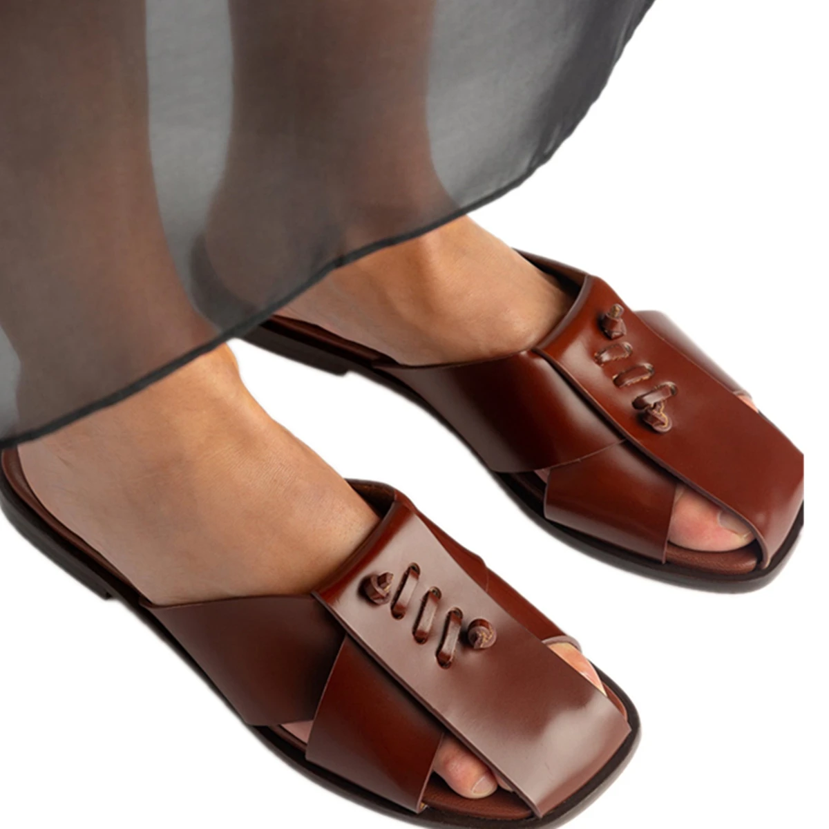 

Maxdutti Minimalist Vacation Leather Slippers Retro Handmade French Elegant Flat Slippers Shoes Mules Shoes Sandals Shoes Women