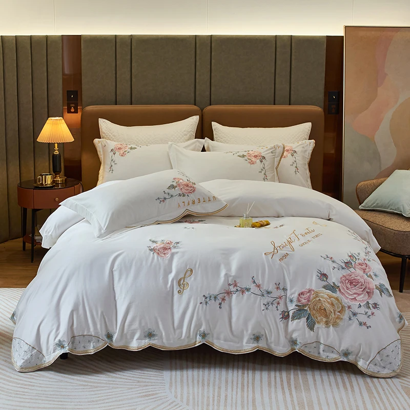 Chinese Peony Flowers Embroidery Bedding Set Luxury 1000TC Egyptian Cotton Duvet Cover Set Bed Sheet Pillowcases Home Textile