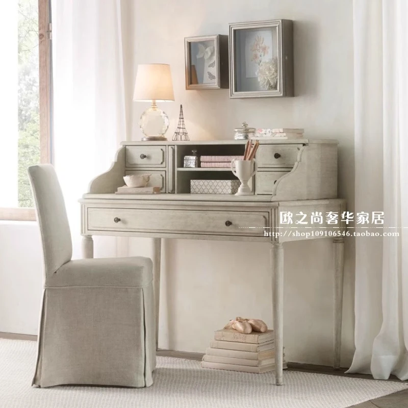 Solid Wood French Vintage Writing Desk For Children Customizable White Computer Learning Table With Storage