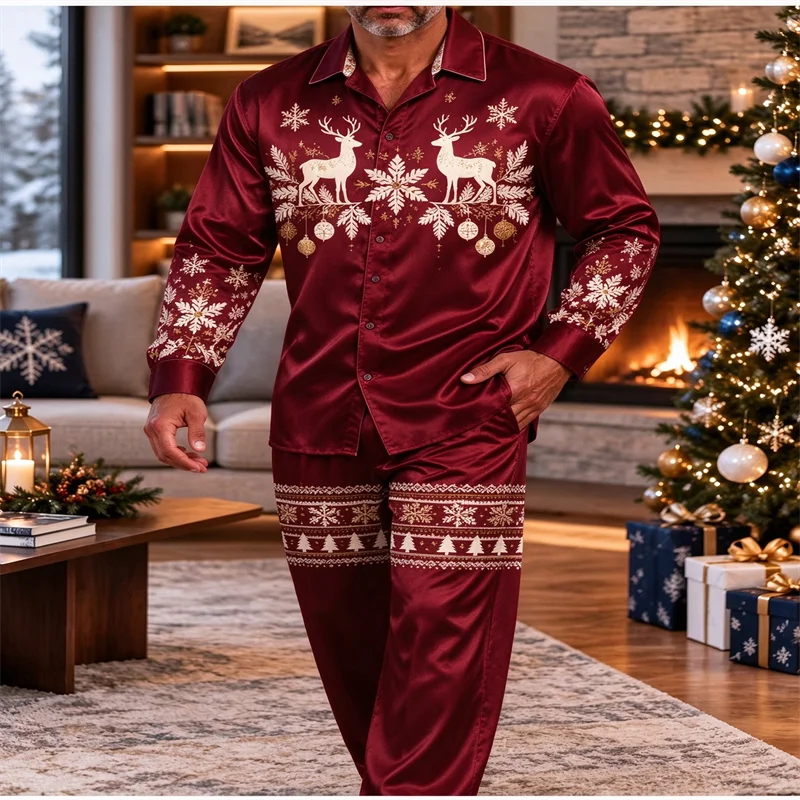 Men Silk Satin Xmas Pyjama Set Lapel Long Sleeve Top Pants Blue Elk Snowflake Tree Print Festive Sleepwear Homewear Christmas Ni