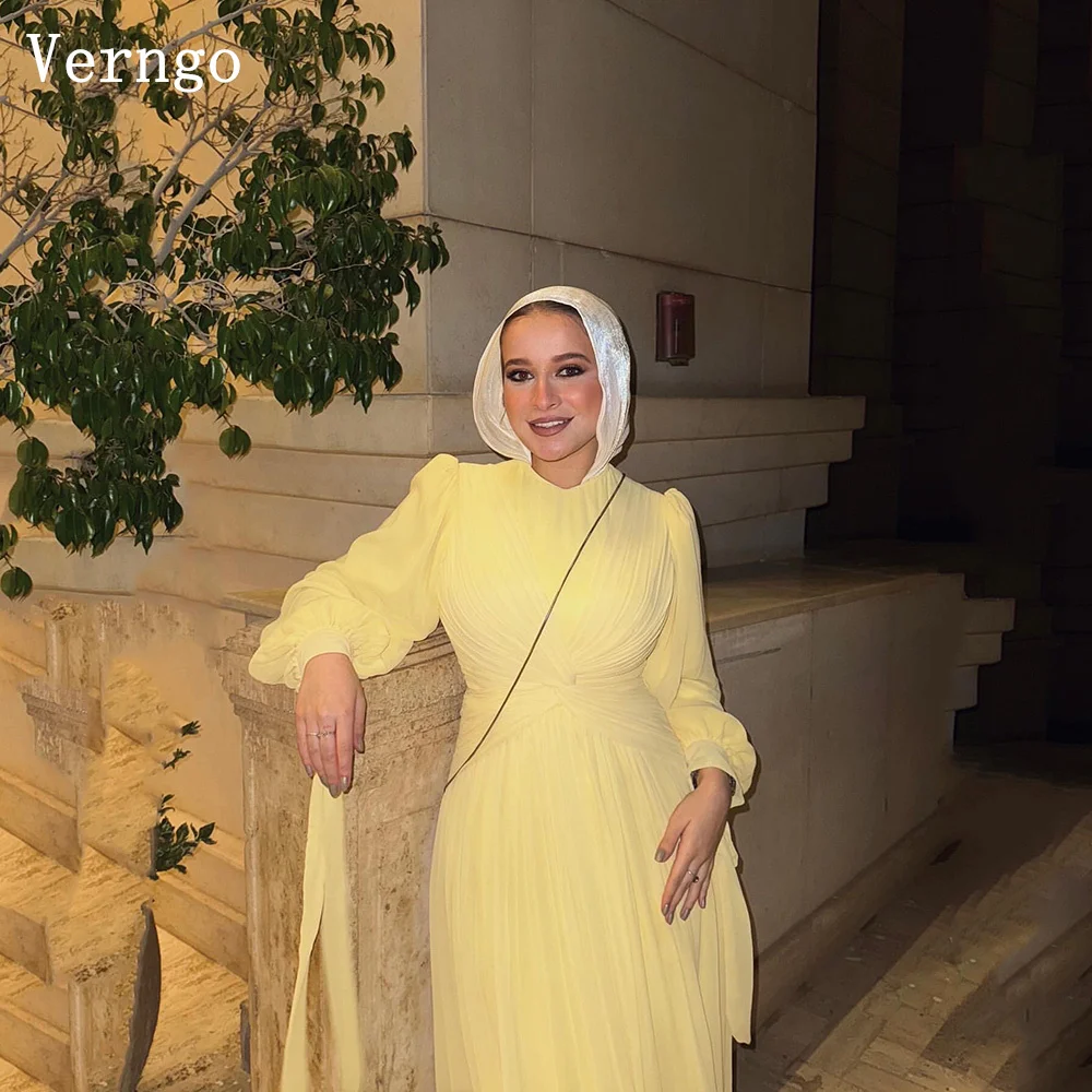 

Verngo Yellow Chiffon Evening Dress O Neck Full Sleeves A Line Prom Party Gowns Arabic Modest Formal Occasion Dresses Customized