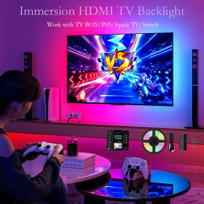 Smart Immersion HDMI2.0 TV Backlight, Dream Color Rhythm Pickup RGB LED Light Strip, Compatible with Google Assistant and Alexa