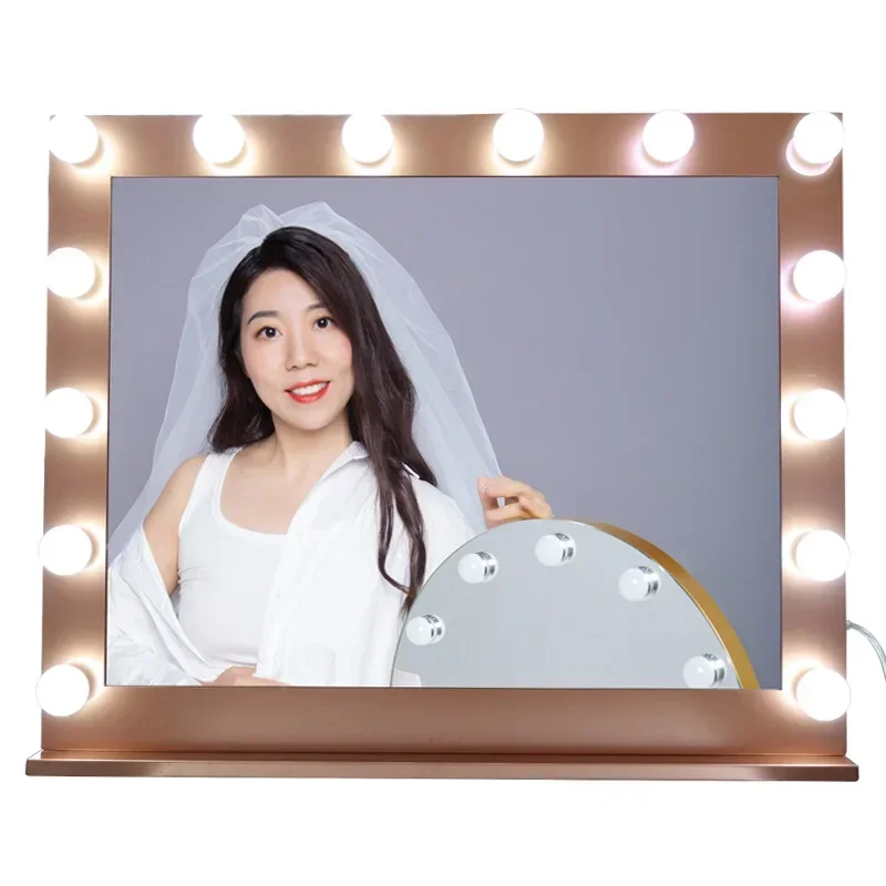 Hot Led Lighted Table Vanity Makeup Hollywood Mirror with 14 Light Bulbs Square Shape Led Light Cosmetic Mirror 100*80cm